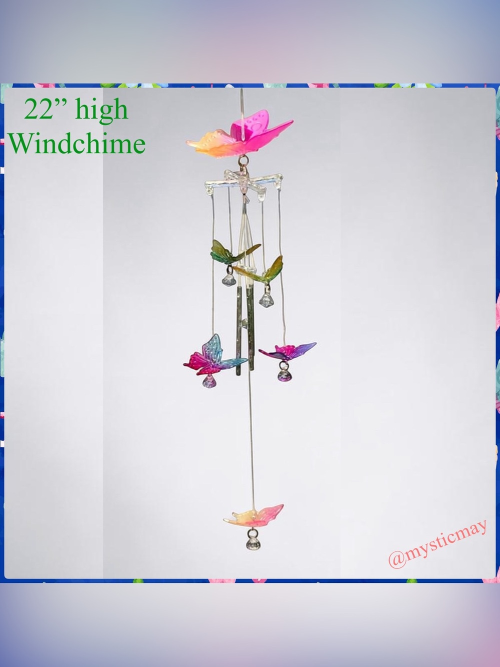 NEW 22” High Rainbow Butterflies Acrylic Garden Wind Chimes BUTTERFLY WINDCHIME